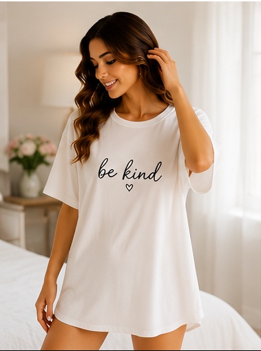 Women’s White “Be Kind” Printed Oversized Sleep T-Shirt Nightwear